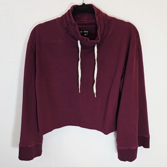 Satva Tops - SATVA Burgundy Bell Sleeves Mock Neck Athletic Boxy Cropped Sweatshirt Size S